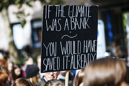 A protest sign with white text on a black background reads, 'If the climate was a bank you would have saved it already.' The sign is held above a crowd of people, likely participating in a climate change demonstration.