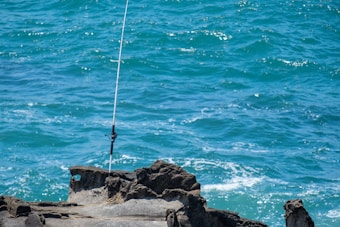 A fishing rod is set up on a rocky outcrop overlooking a vast expanse of turquoise ocean. The water is slightly choppy with visible ripples and small waves.