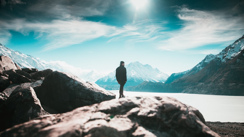 man standing on rock formation