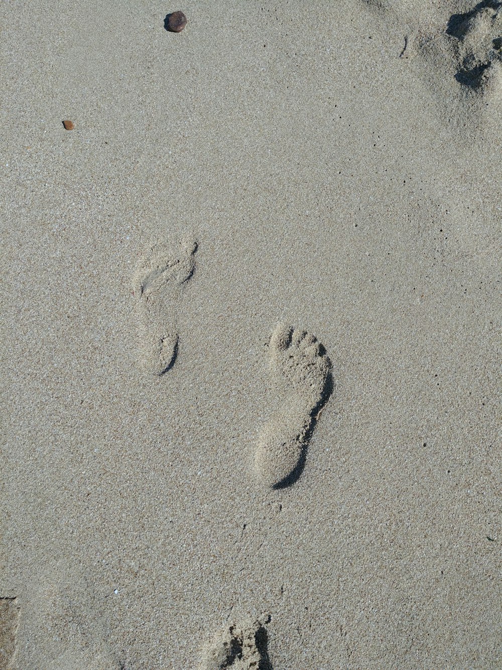a pair of footprints in the sand on a beach