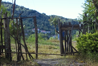 A rustic bespoke wooden gate opening onto a rural farm driveway, blending functionality with natural charm.