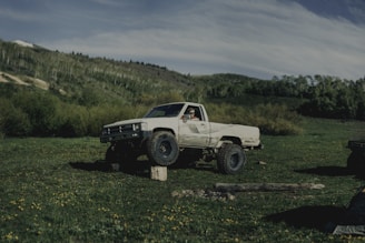 A large white pickup truck is parked off-road in a lush green field surrounded by dense trees and hills. The truck has oversized tires and is positioned with one wheel elevated on a small tree stump. A person is visible in the driver's seat, wearing sunglasses and looking outwards. The sky is partly cloudy, creating a serene and adventurous atmosphere.