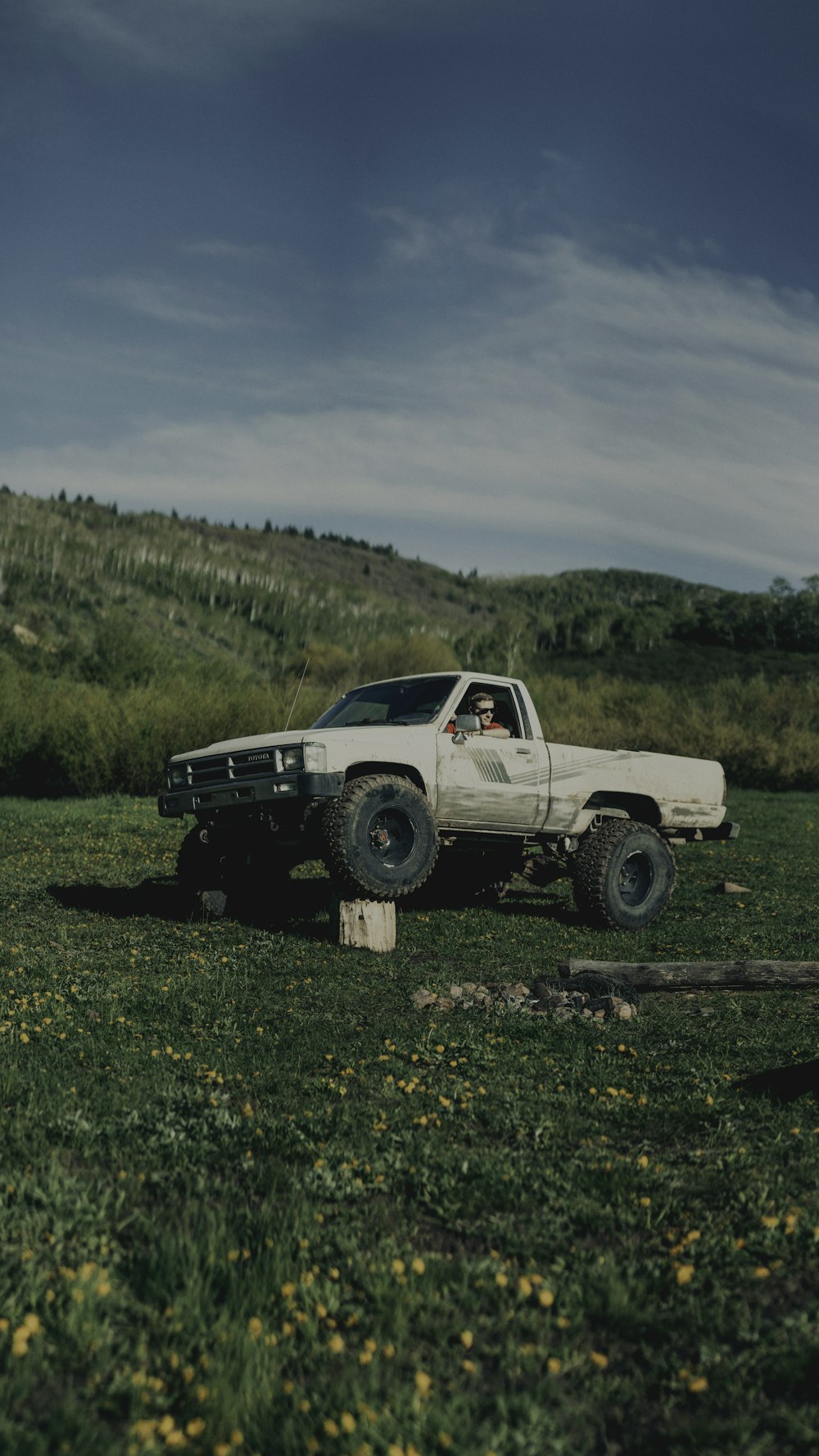 white single-cab pickup truck on grass field