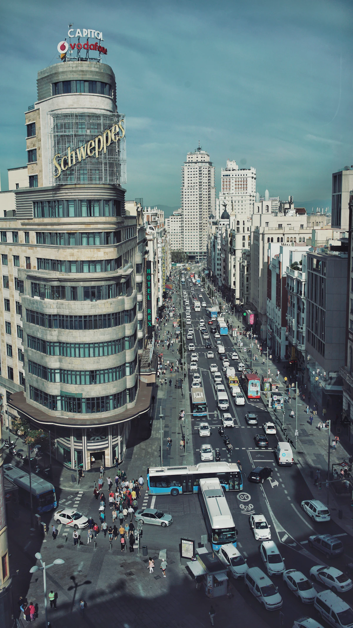 Aerial view of Gran Vía and surrounding buildings in central Madrid