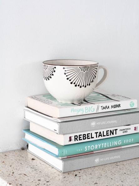 a teacup on top of stacked books
