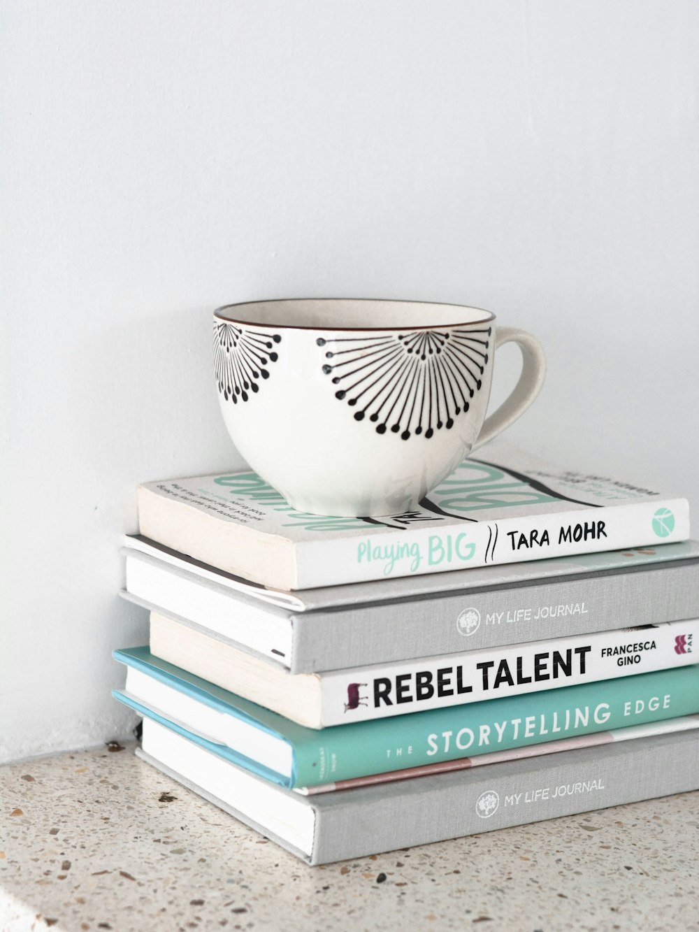 a teacup on top of stacked books