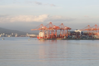 A port area with large red cranes positioned along the shoreline, used for loading and unloading containers from ships at a dock. Several stacked shipping containers are visible, and smaller boats are in the water nearby. The landscape in the background includes distant city buildings and hills under a partly cloudy sky.
