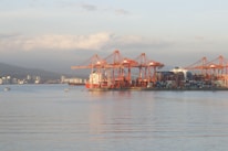 A port area with large red cranes positioned along the shoreline, used for loading and unloading containers from ships at a dock. Several stacked shipping containers are visible, and smaller boats are in the water nearby. The landscape in the background includes distant city buildings and hills under a partly cloudy sky.