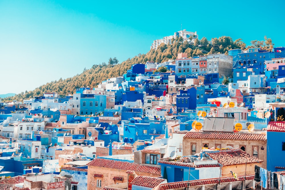 blue and white painted houses on the cliff