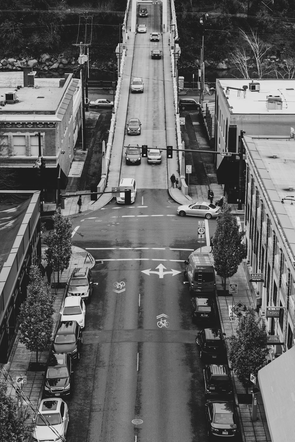 aerial grayscale photography of vehicles on the street