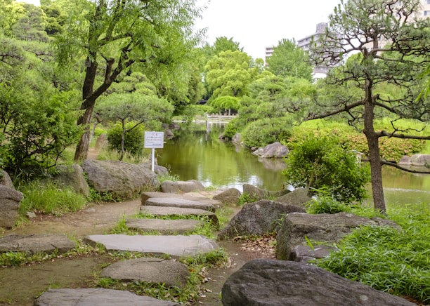 A peaceful Japanese garden with stone pathway and lush greenery.