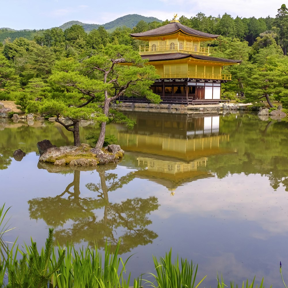 pagoda near tree and lake