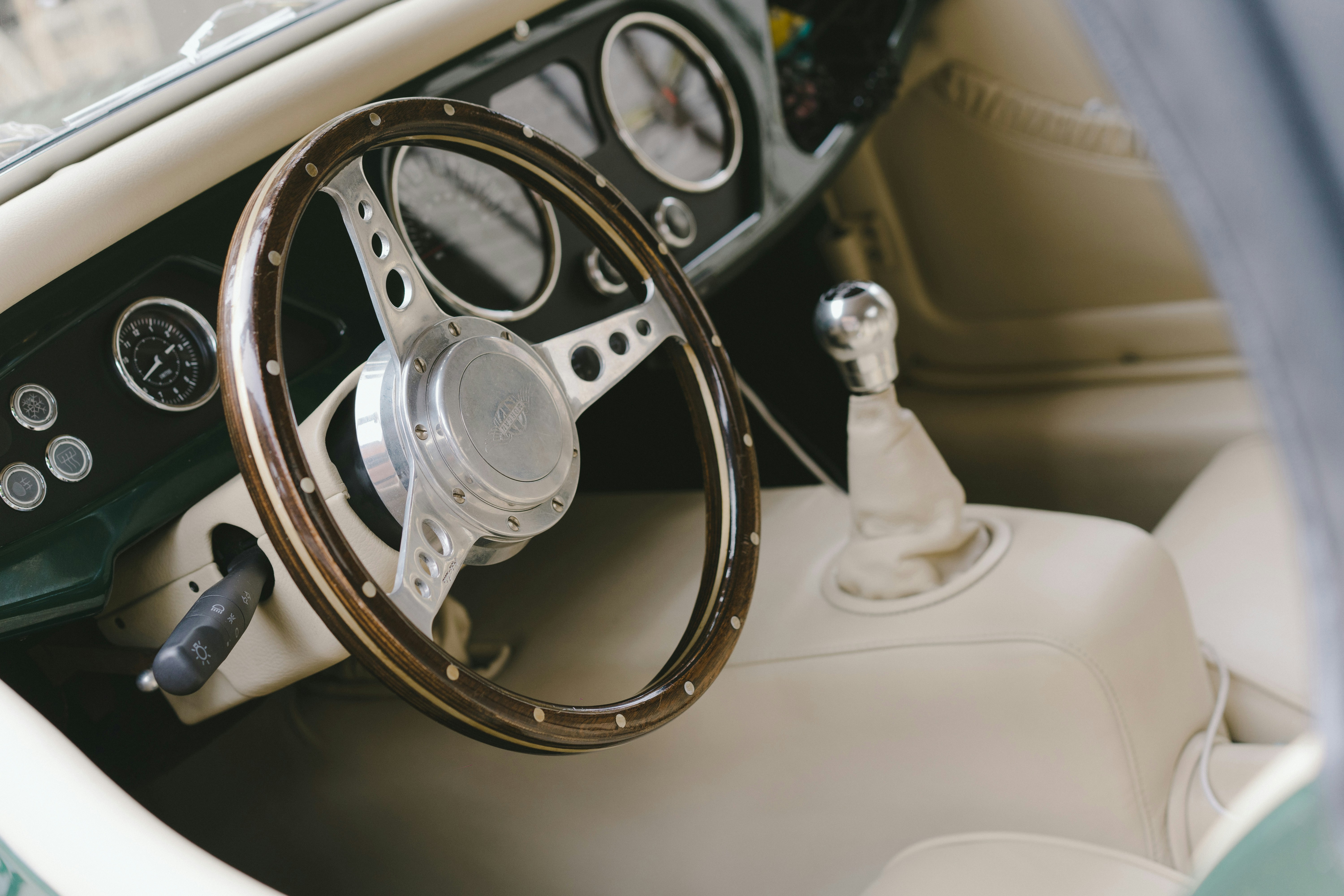 Retro classic car, antique car steering wheel interior modified car