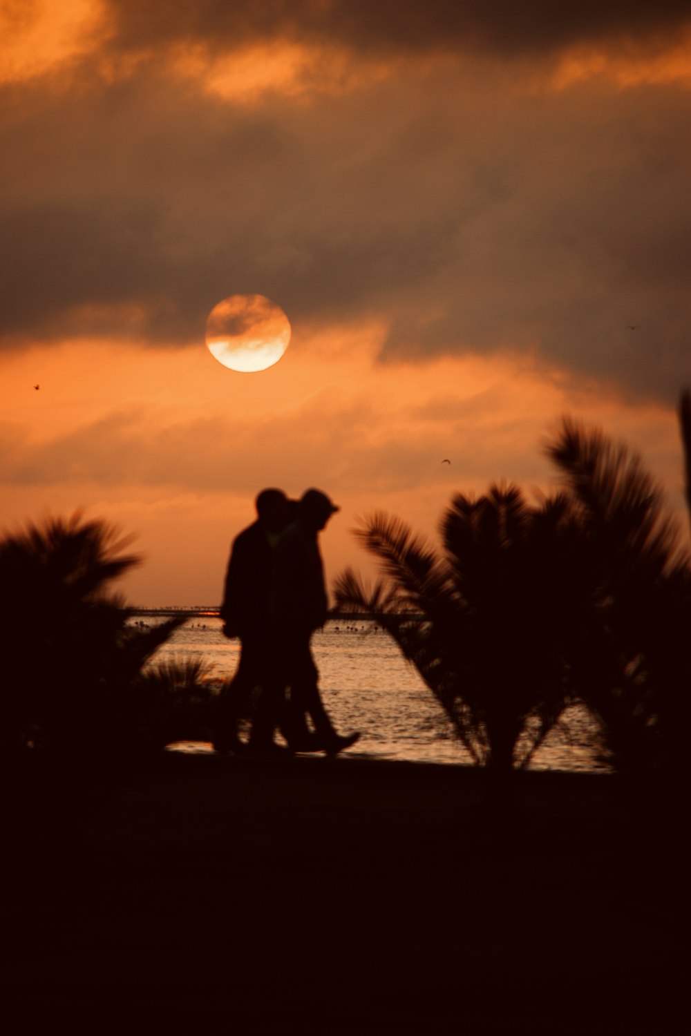 silhouette photography of two men walking by the seashore during golden hour