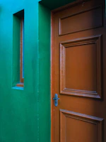 Classic paneled door painted in a rich, warm color at a residential entrance.