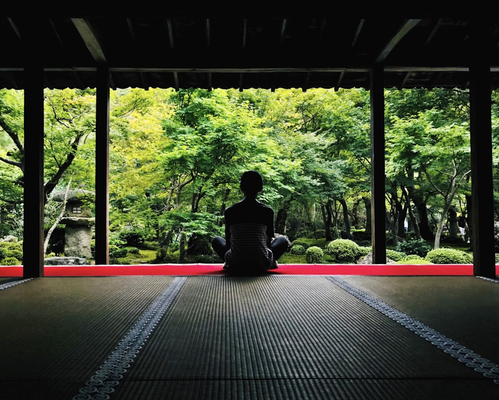 person sitting on floor facing at trees during daytime