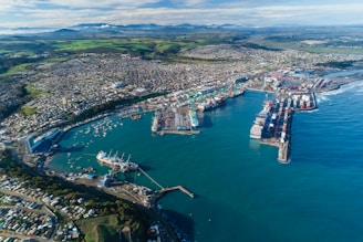 Aerial view of a bustling port with cargo ships.