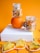 A composition featuring dried fruit slices and two glass jars filled with dried fruit, set against an orange background. An orange fruit supports the top jar, while star fruit slices and orange slices are arranged on a white box and the surface below.