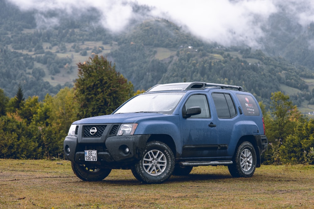 blue Nissan SUV parking in green field