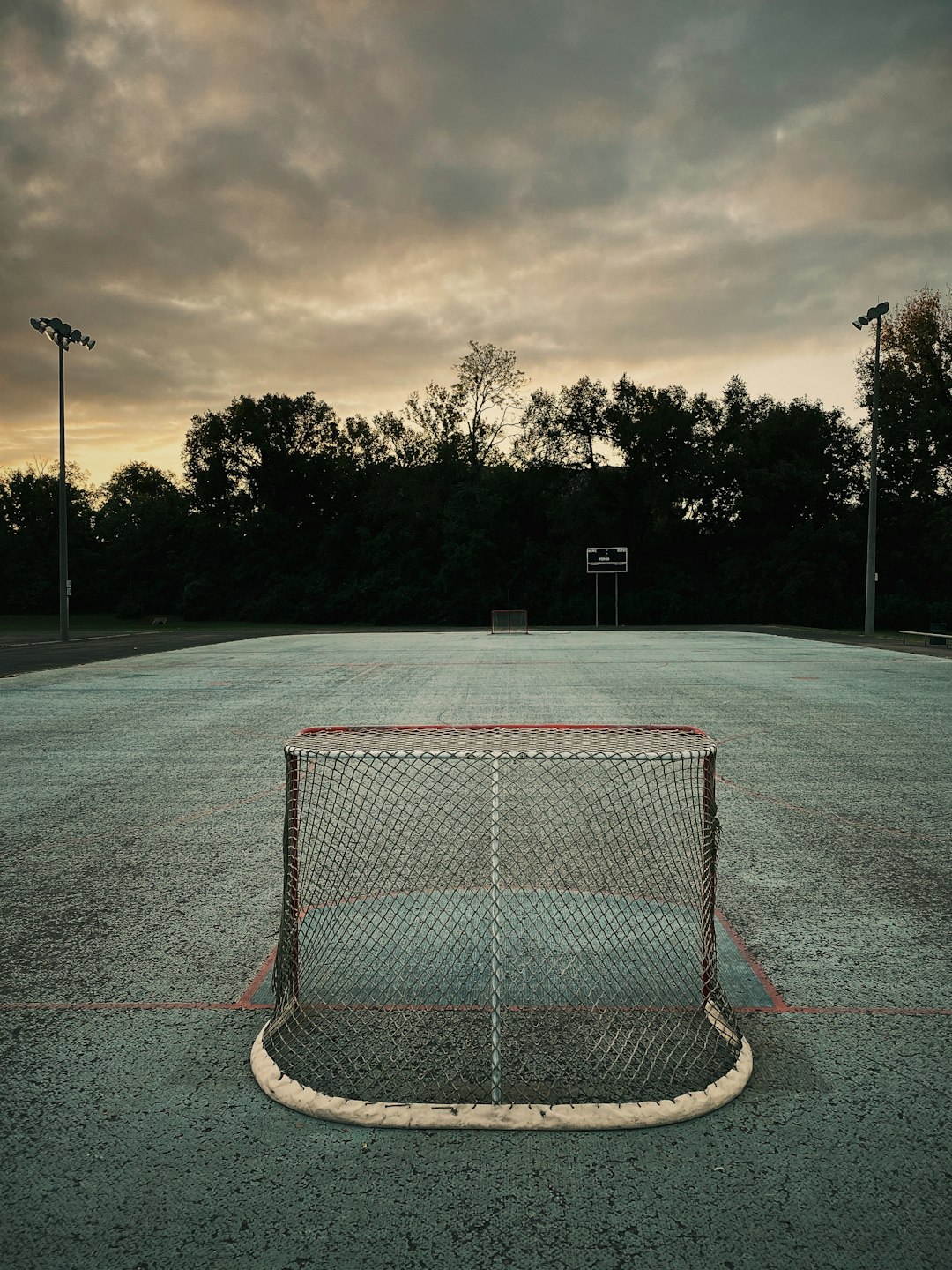 soccer field near trees under cloudy sky