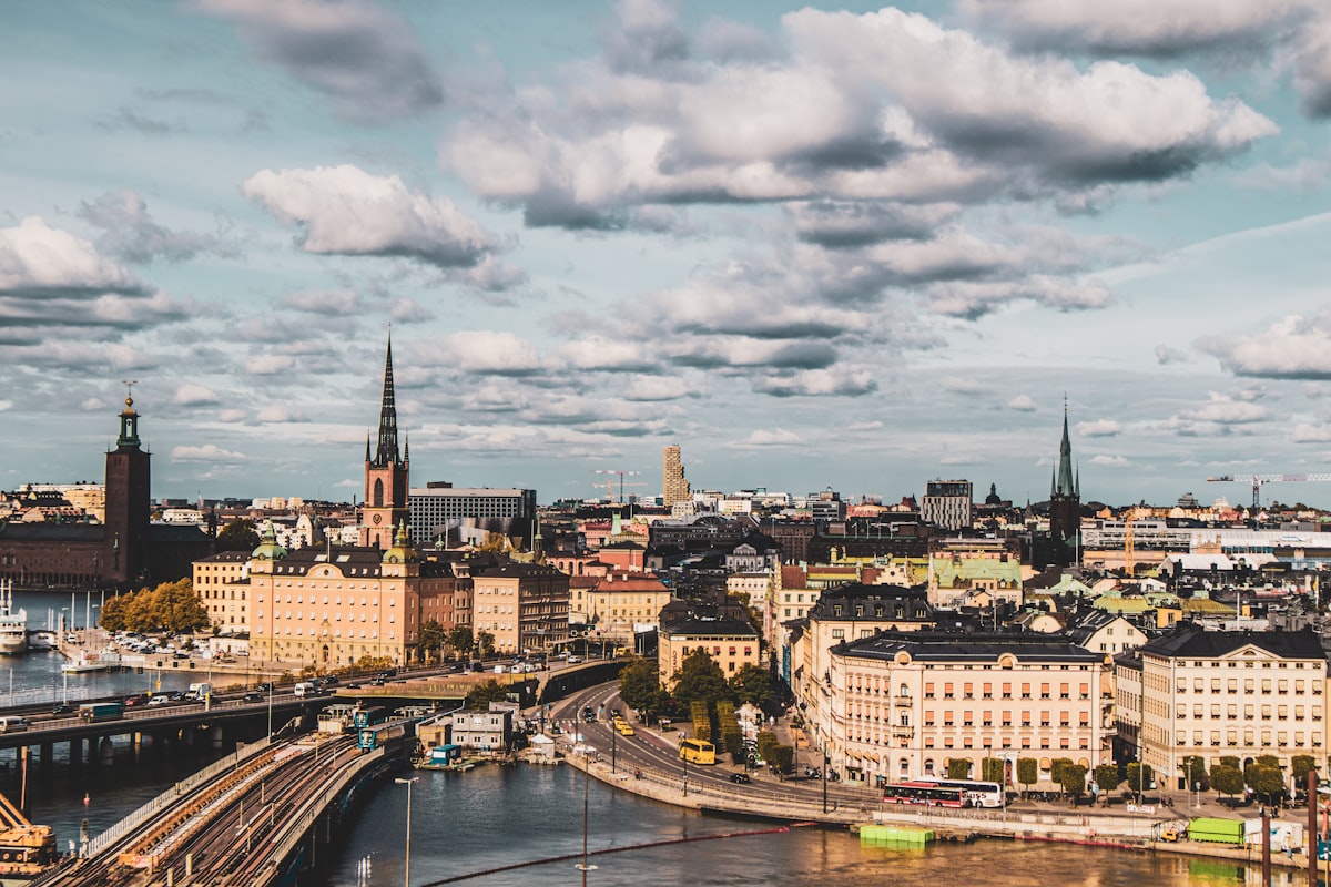 Aerial view of Stockholm in winter with ice on the water