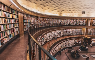 A large, circular library with multiple levels of bookshelves filled with a diverse collection of books. The architecture features wooden elements and a high, curved ceiling. There are a few people reading and interacting on the lower level, some sitting on chairs and others walking around.