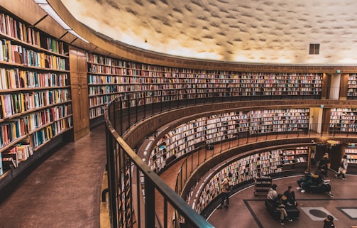 A large, circular library with multiple levels of bookshelves filled with a diverse collection of books. The architecture features wooden elements and a high, curved ceiling. There are a few people reading and interacting on the lower level, some sitting on chairs and others walking around.
