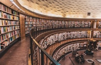 A large, circular library with multiple levels of bookshelves filled with a diverse collection of books. The architecture features wooden elements and a high, curved ceiling. There are a few people reading and interacting on the lower level, some sitting on chairs and others walking around.