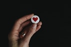 person holding red and white hear button