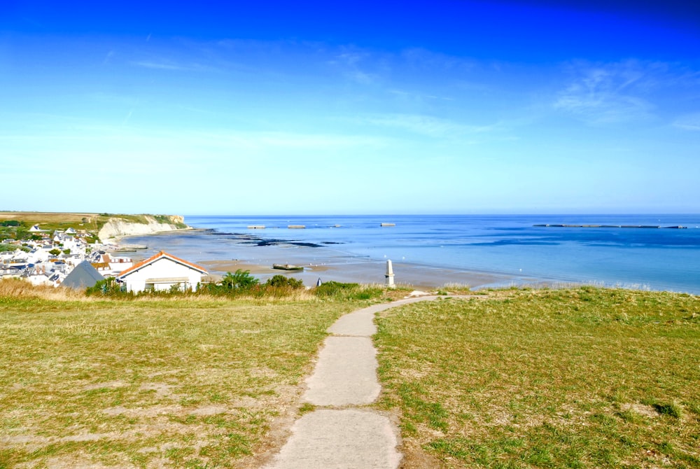 pathway and grass field during day