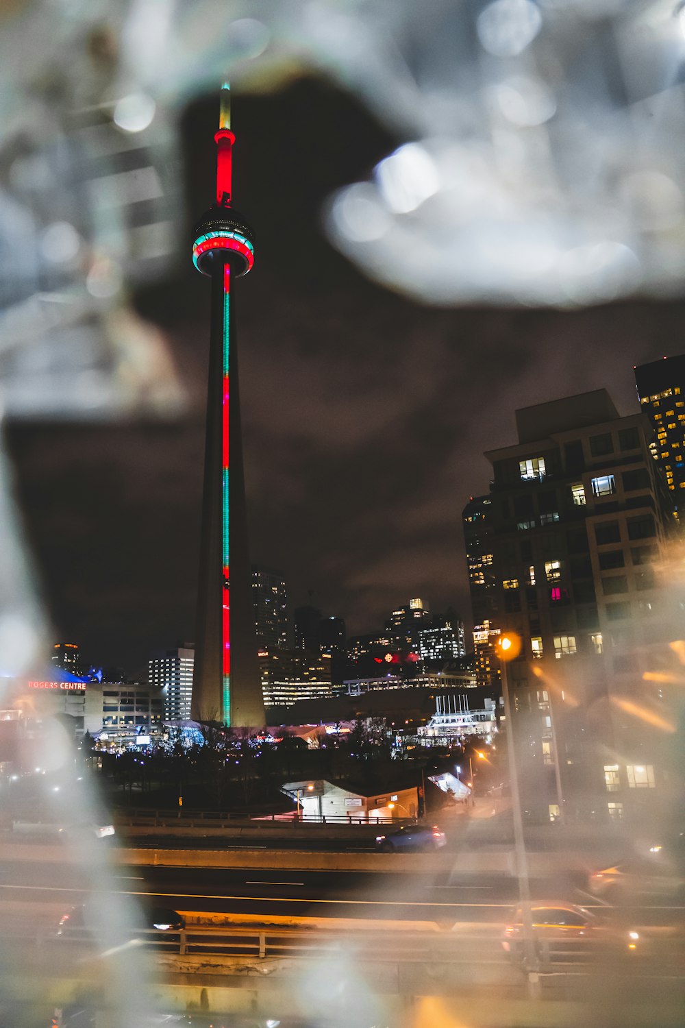 lighted tower at night