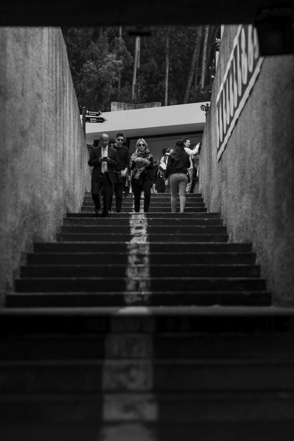 grayscale photography of people walking on stairs