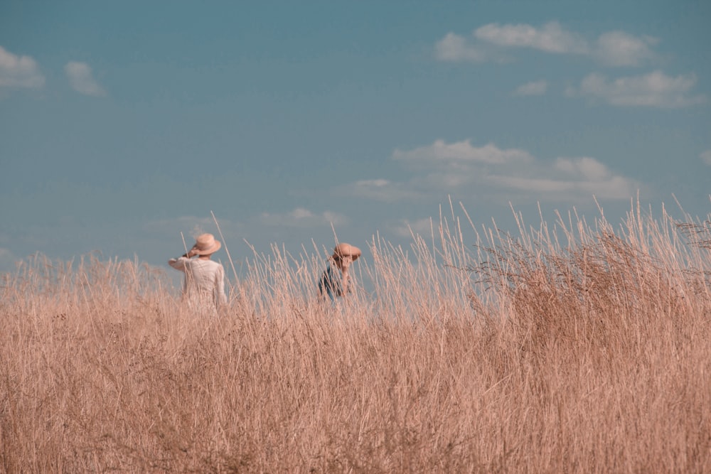 a couple of people standing in a field of tall grass