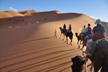 A caravan of people riding camels traverses through a vast desert landscape with rolling sand dunes illuminated by the warm light of a setting or rising sun. The shadows of the camels and riders stretch out across the rippled sand.