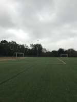 An empty soccer field with green artificial turf is depicted. Two goalposts are positioned on opposite sides of the field. The sky is overcast with thick grey clouds, and trees surround the field, indicating it is located outdoors.