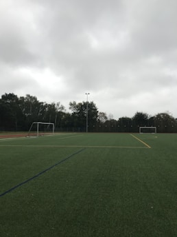 An empty soccer field with green artificial turf is depicted. Two goalposts are positioned on opposite sides of the field. The sky is overcast with thick grey clouds, and trees surround the field, indicating it is located outdoors.