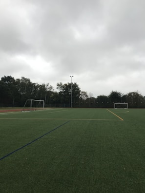 An empty soccer field with green artificial turf is depicted. Two goalposts are positioned on opposite sides of the field. The sky is overcast with thick grey clouds, and trees surround the field, indicating it is located outdoors.