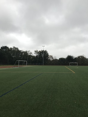 An empty soccer field with green artificial turf is depicted. Two goalposts are positioned on opposite sides of the field. The sky is overcast with thick grey clouds, and trees surround the field, indicating it is located outdoors.