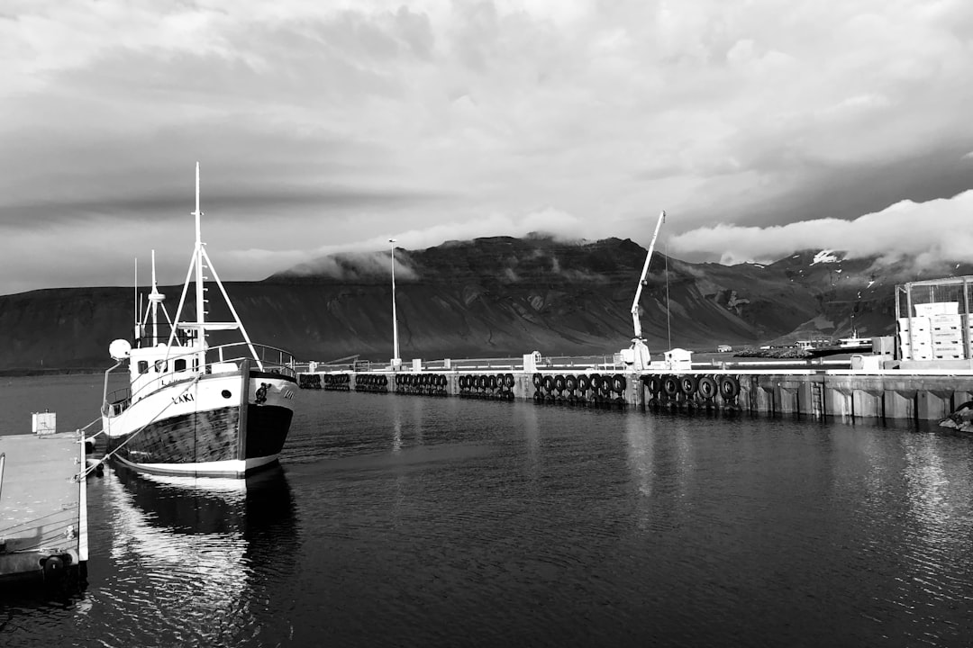 grayscale photo of boat on dock