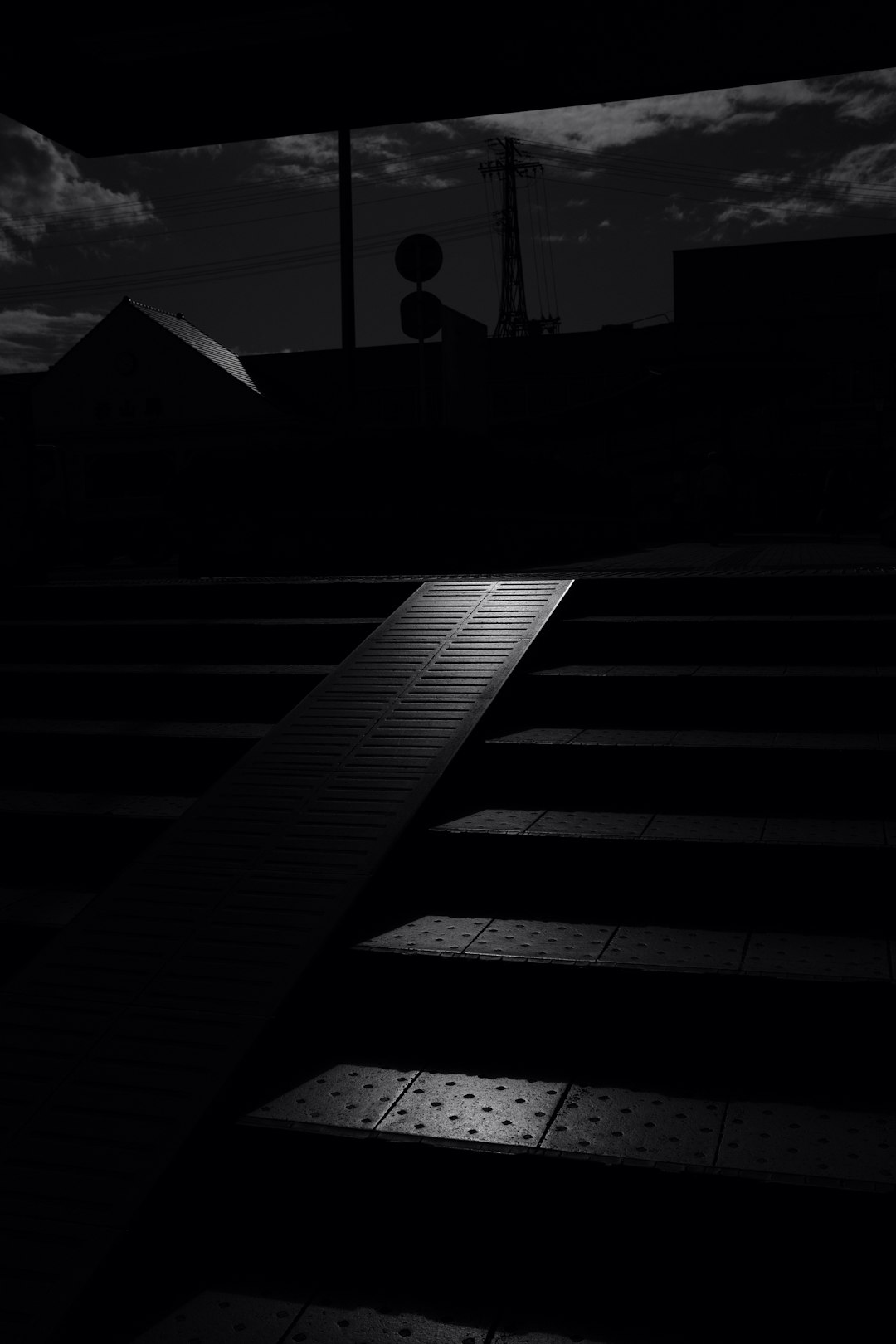 grayscale photography of concrete stairs