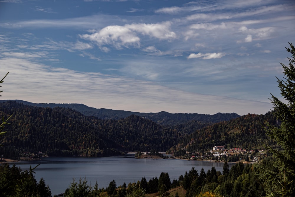 a scenic view of a lake surrounded by trees