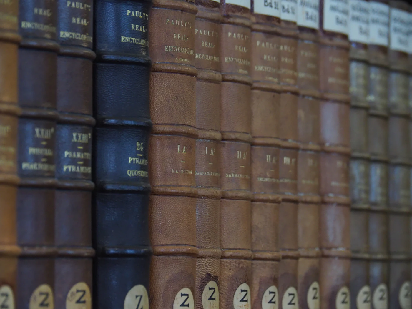 Fila de volúmenes antiguos encuadernados en cuero en una biblioteca