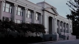 A large, classical-style building with tall, white columns and multiple windows. The structure exhibits architectural details reminiscent of a neoclassical design, featuring plant-covered areas in the foreground and a sidewalk leading to an entrance with stairs.