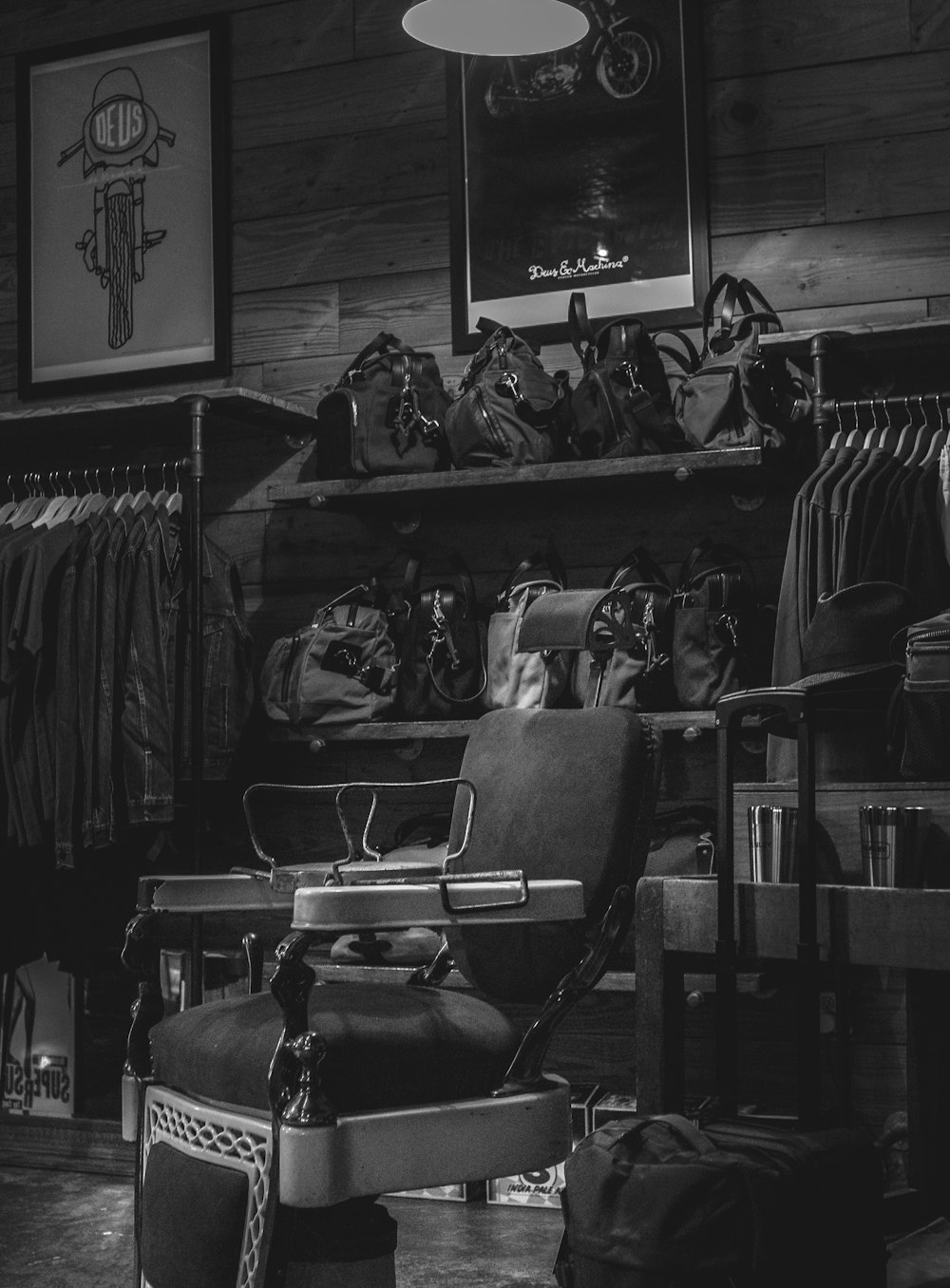 grayscale photo of barber chair