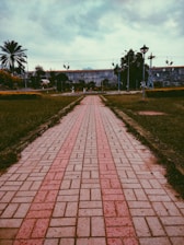A paved walkway leads straight through a park, flanked by green grass on both sides. Tall palm trees and a few lamp posts are visible, with a cloudy sky overhead.