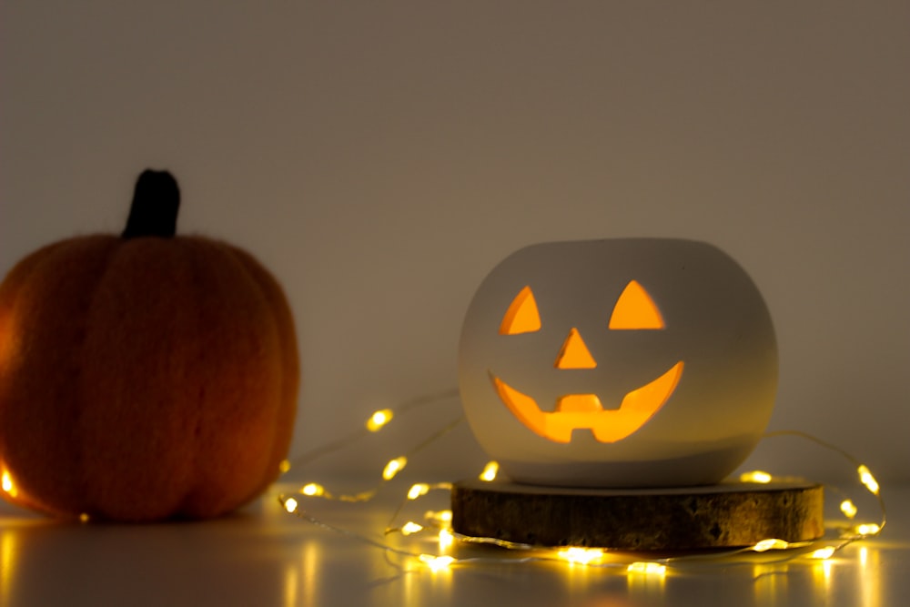 turned-on Jack'O Lantern with light strips