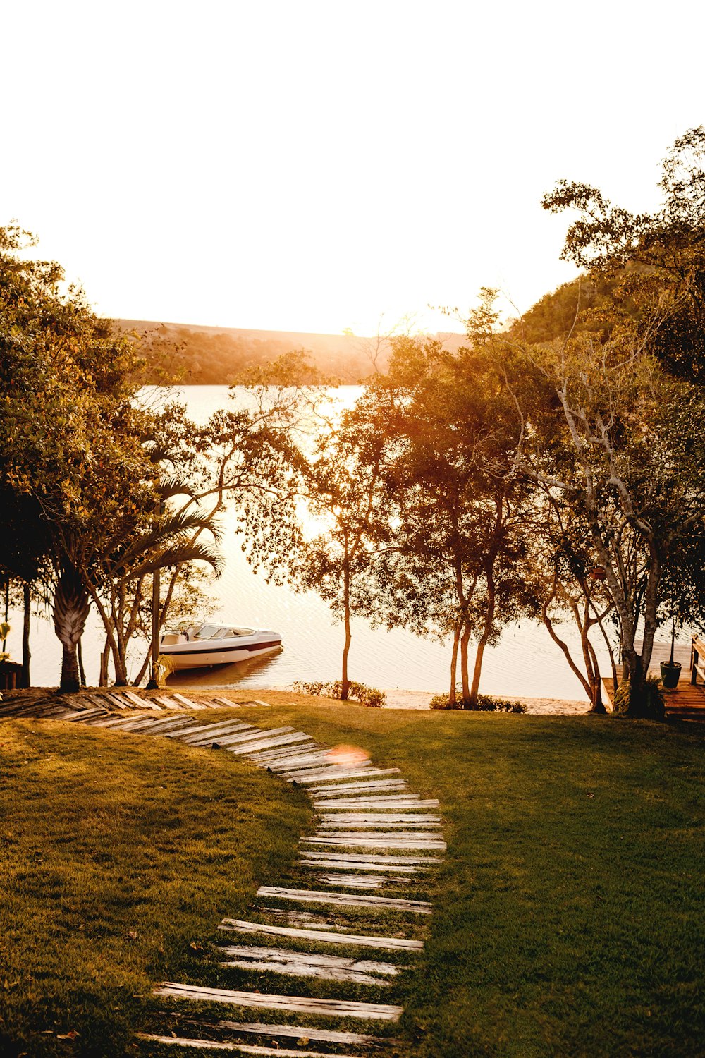 pathway on grass near trees and lake during day