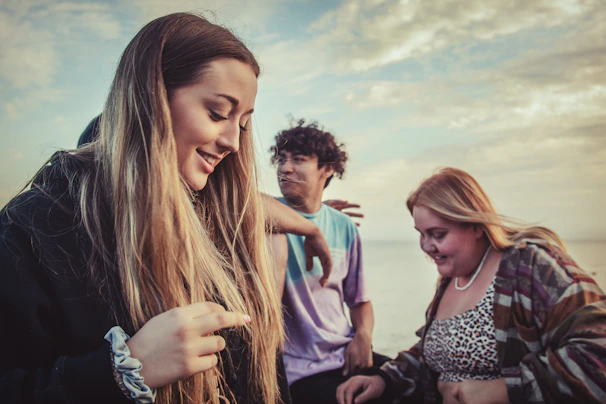 A playful scene of friends having fun outdoors.