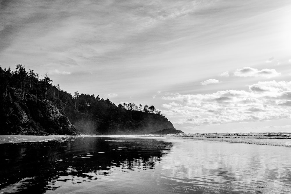 gray-scale photo of body of water