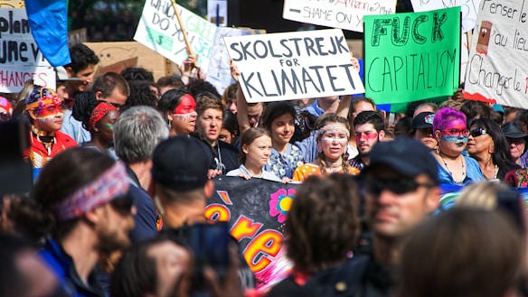 A large group of people engaged in a protest or rally. Many hold signs with various messages, including environmental and anti-capitalism statements. The crowd is diverse, with individuals wearing colorful clothing and face paint, conveying a sense of unity and activism. The atmosphere is lively and bustling.